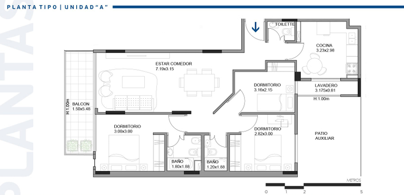 Planta tipo Unidad A — 3 dormitorios
