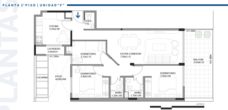 Planta tipo Unidad F — 3 dormitorios