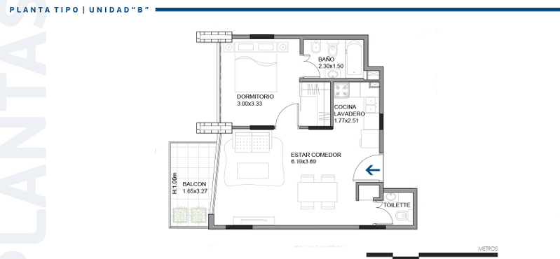 Planta tipo Unidad B — 1 dormitorio